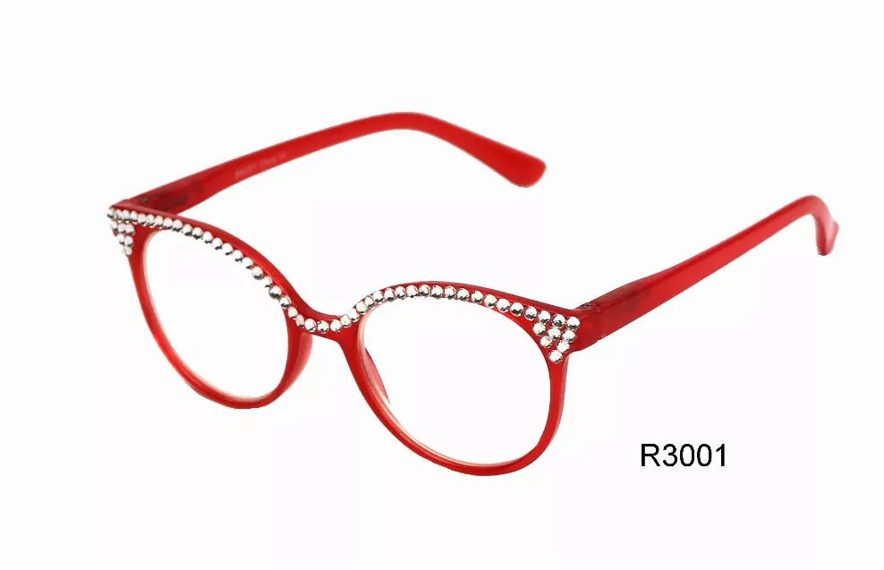 Red reading glasses with rhinestone-trim cat-eye frames and curved temples