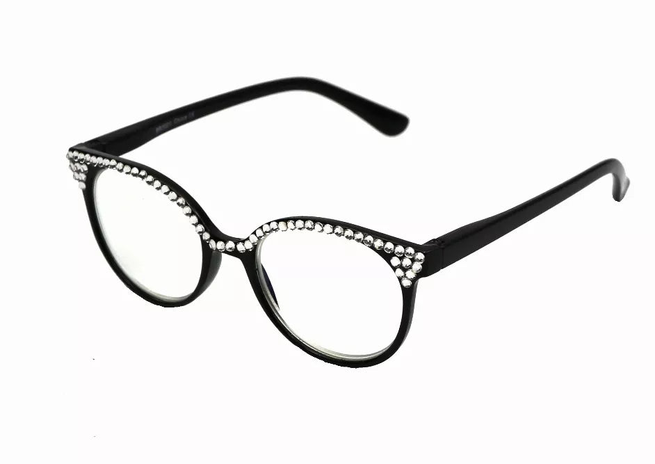 Black reading glasses with rhinestone-trim frames and curved temples