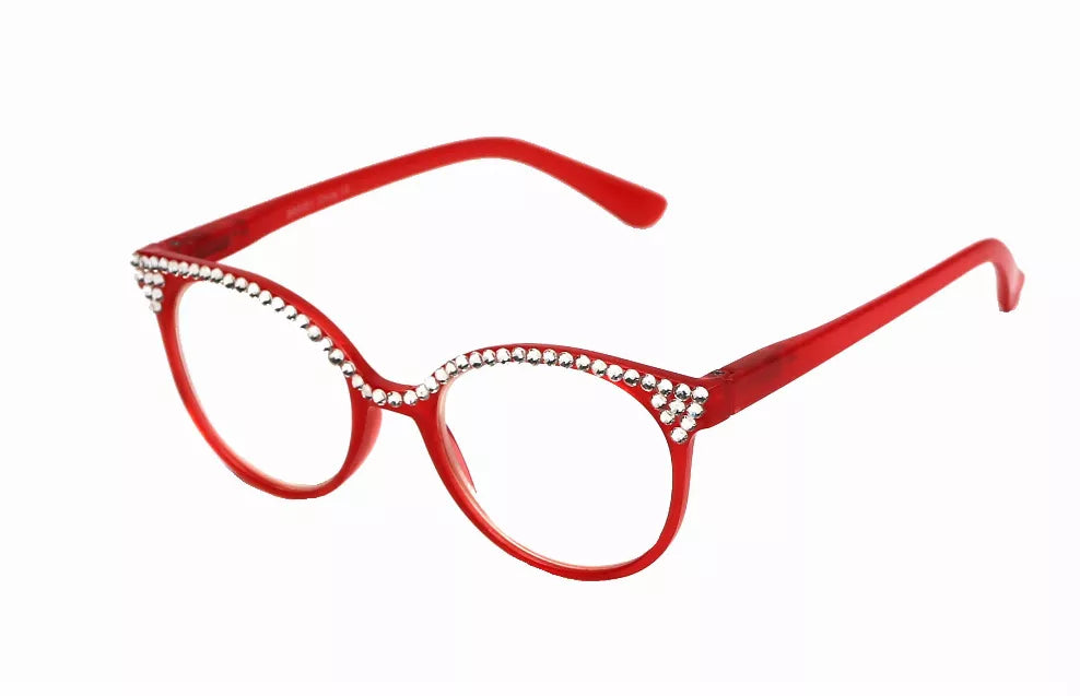 Red reading glasses with rhinestone-trim round lenses and curved temples
