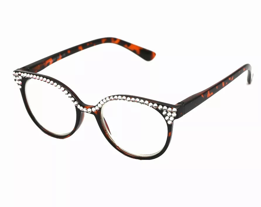 Dark tortoiseshell reading glasses with rhinestone-trim frames and curved temples