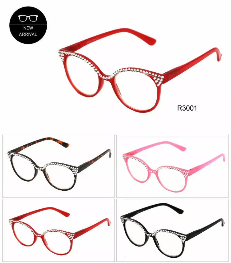 Assorted reading glasses set with rhinestone-trim frames in red, pink, and black
