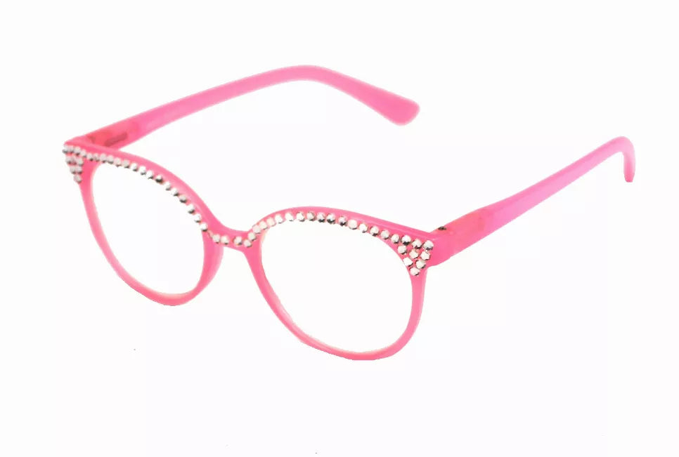 Pink reading glasses with rhinestone-trim frames and curved temples