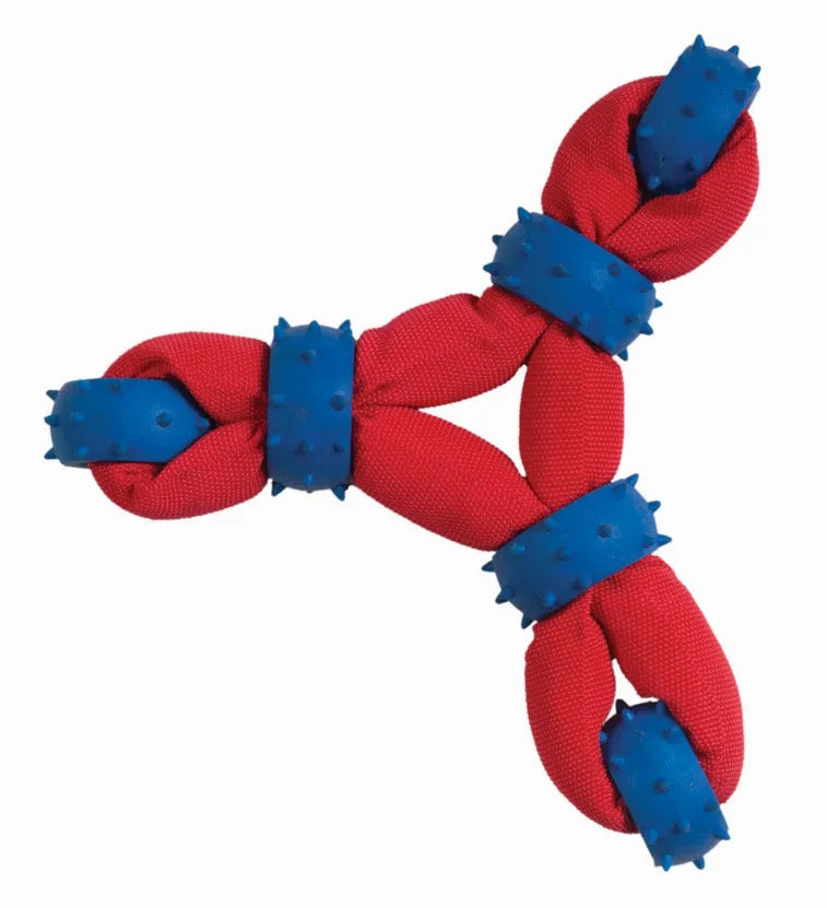 Red nylon triangle dog chew toy with blue spiked joints