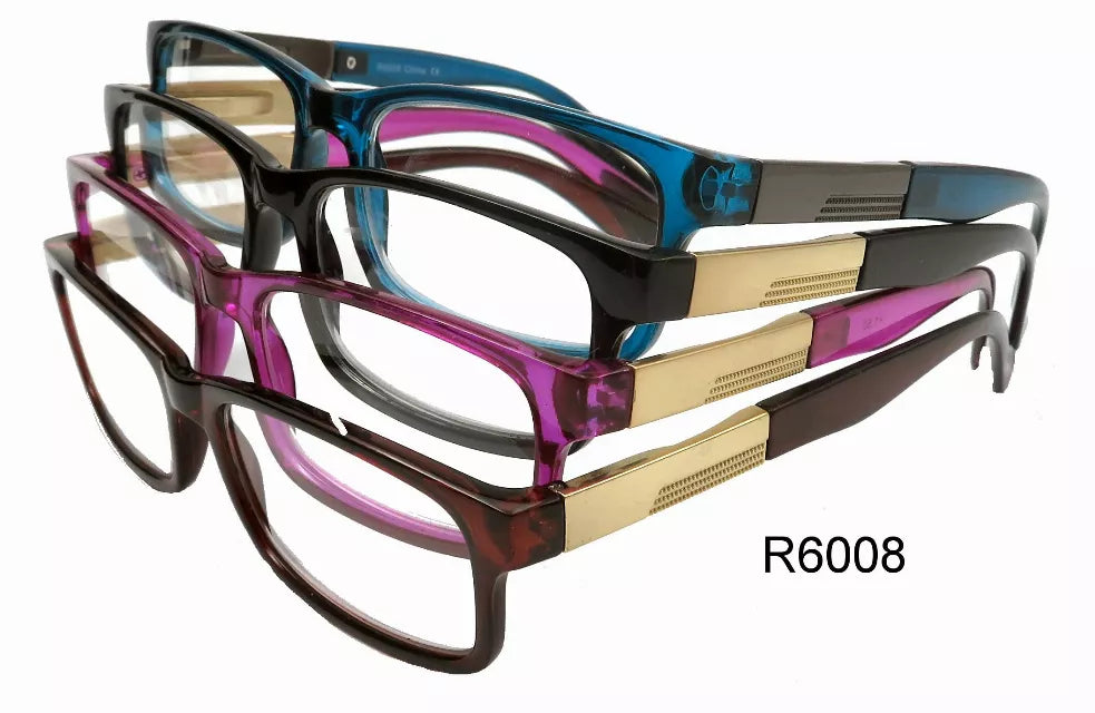 Reading glasses with multicolor acetate frames, rectangular lenses, and gold temple accents