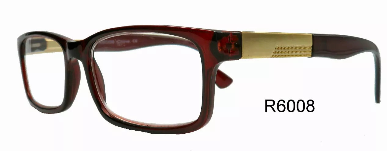 Reading glasses with dark tortoise frames, rectangular lenses, and gold metal temple bar