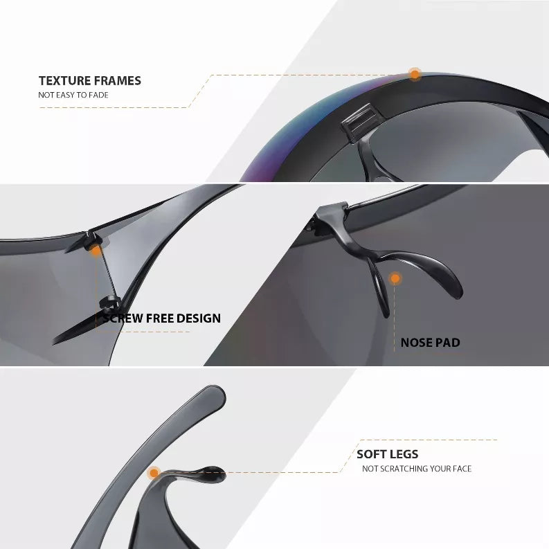 Black sunglasses with rainbow lens, nose pad, and screw-free temple design detail