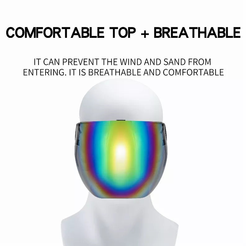 Rainbow mirrored face-cover goggles with ventilated, breathable top design