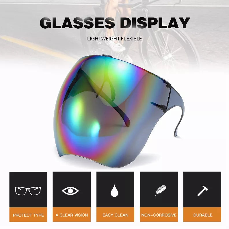 Rainbow mirrored visor sunglasses displayed with lens style icons and temple fit