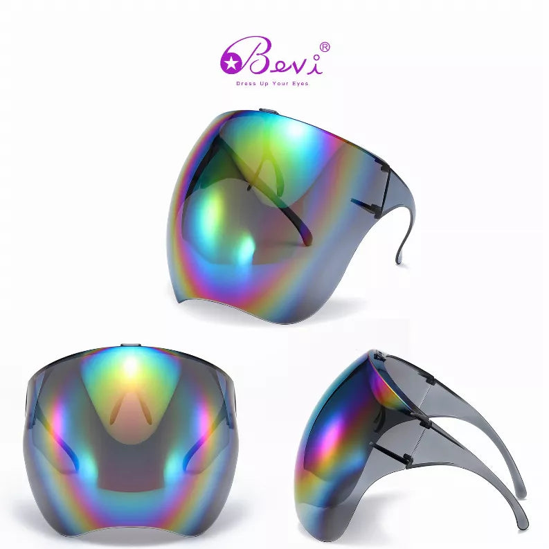 Rainbow mirrored sunglasses set showing front, side, and angled views on white
