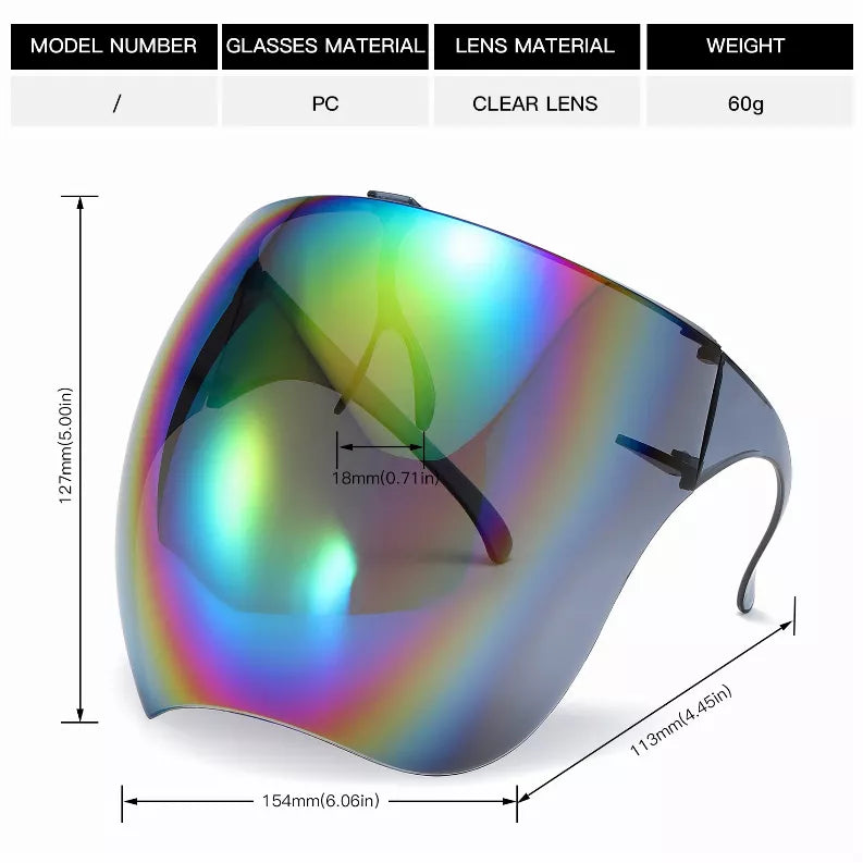 Rainbow mirrored visor sunglasses with PC frame and clear lens, side profile