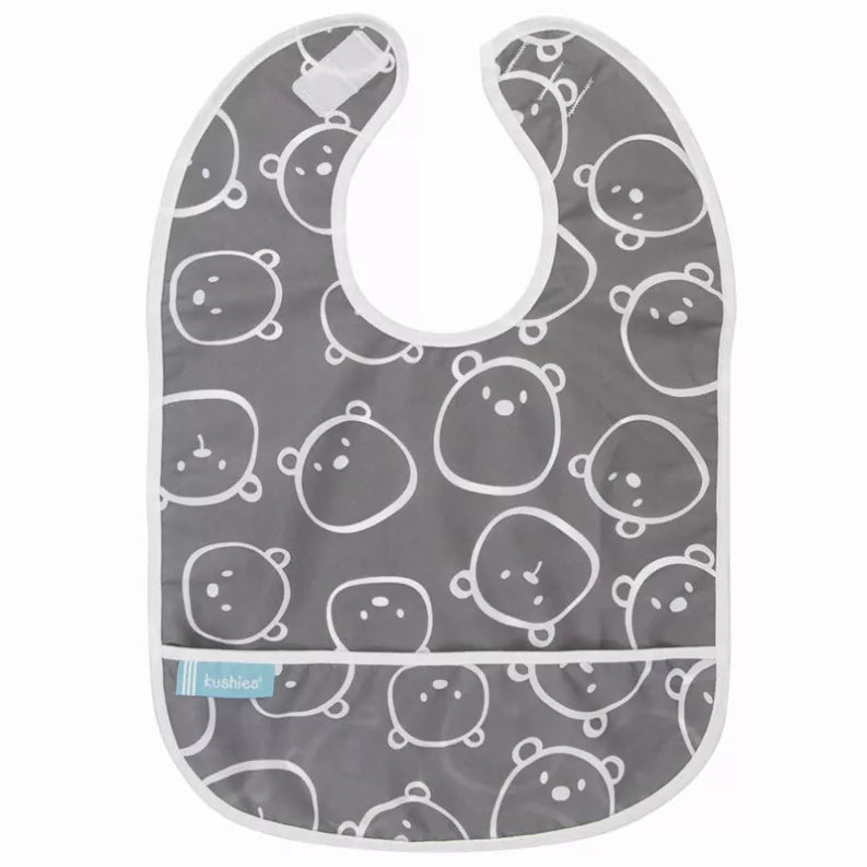 Baby bib with white animal face line art on dark gray, round neck opening