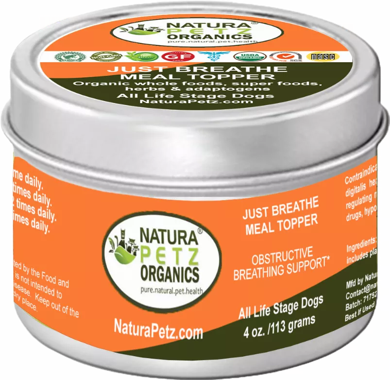 NaturalPetz Organics Just Breathe meal topper for dogs and cats, round metal container