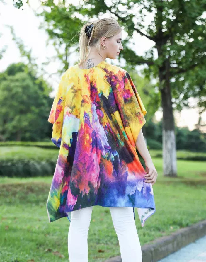 Multi-color watercolor cloud-print cashmere-wool ruana poncho, draped cape, back view