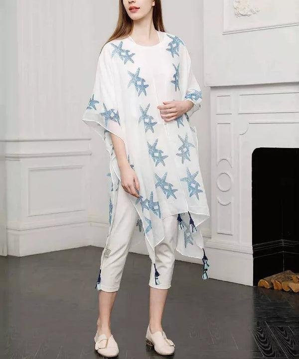 Starfish kimono in white with blue print, loose drape, three-quarter sleeves