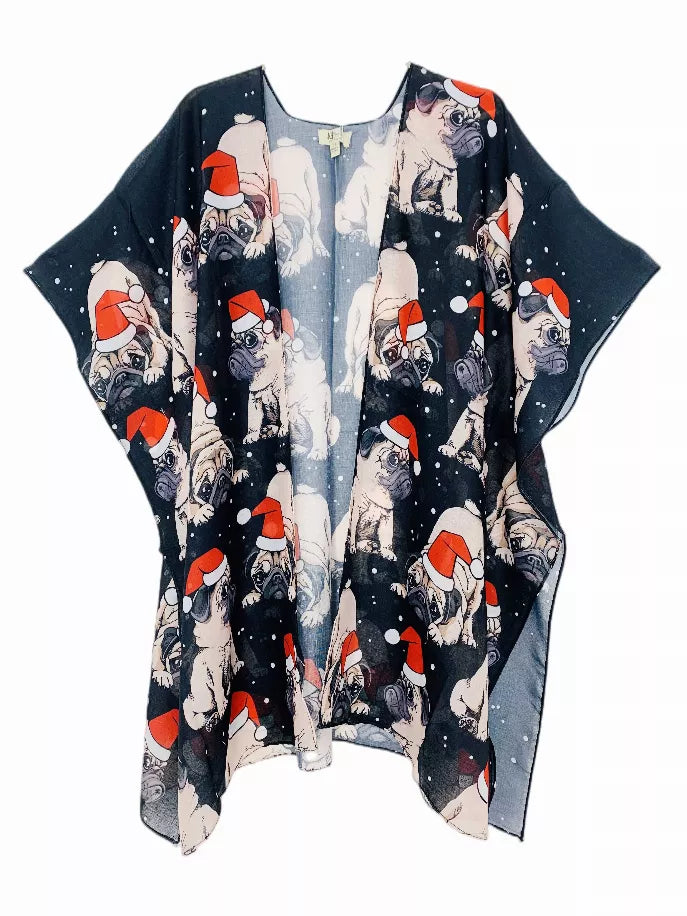 Black kimono robe with pug and Santa hat print, wide sleeves and open front