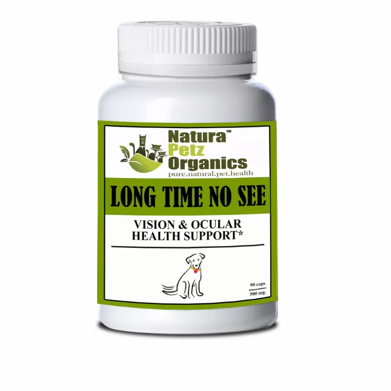 Natura Petz Organics Long Time No See supplement bottle, vision & ocular health label