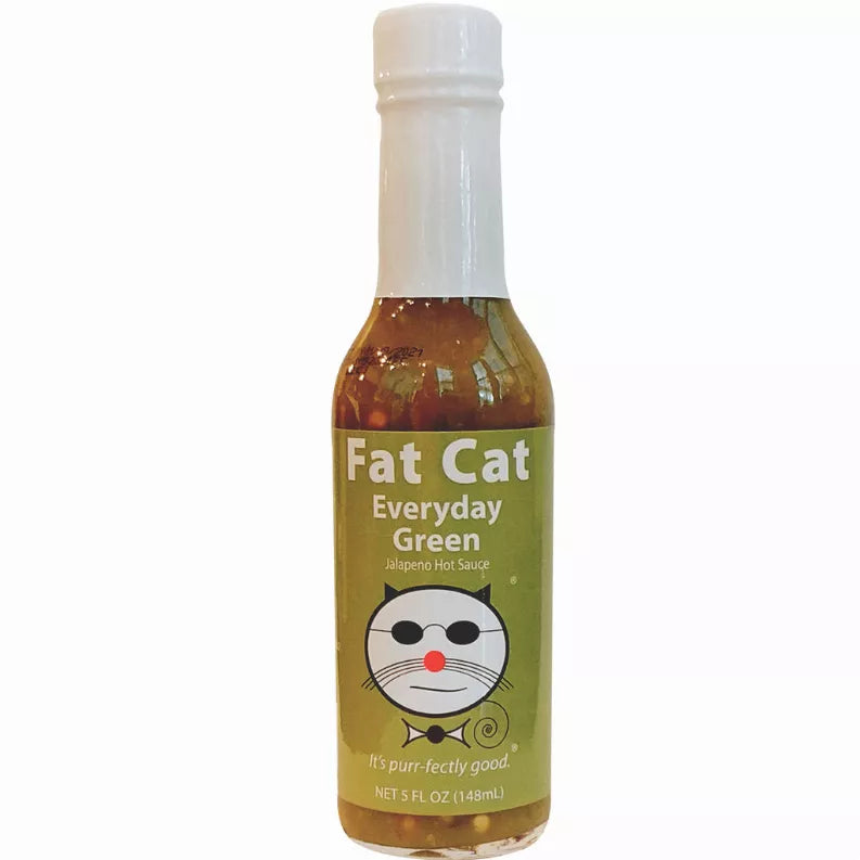 Fat Cat Everyday Green jalapeno hot sauce bottle with cat logo label