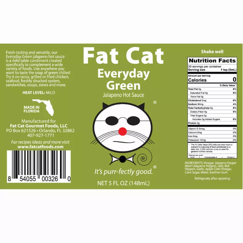 Fat Cat Everyday Green jalapeno hot sauce bottle back label with ingredients and facts