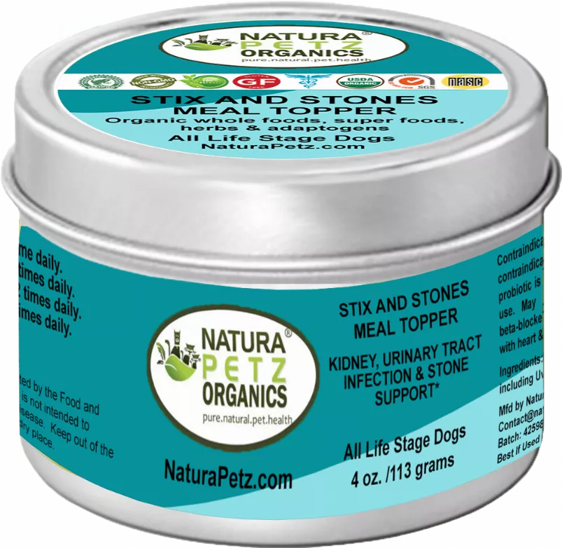 Silver and teal NaturaPetz Organics Stix and Stones meal topper tin, 4 oz