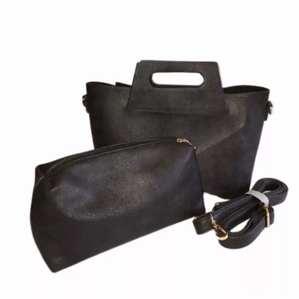 Black tote bag with top handle, zippered pouch, and adjustable crossbody strap