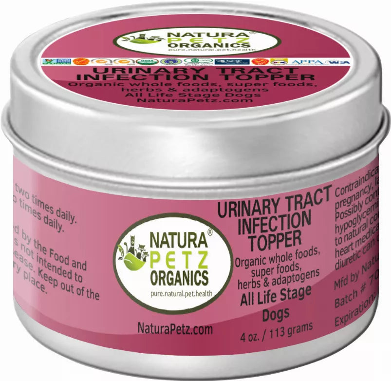 Urinary tract infection topper can, silver tin with Natura Petz label