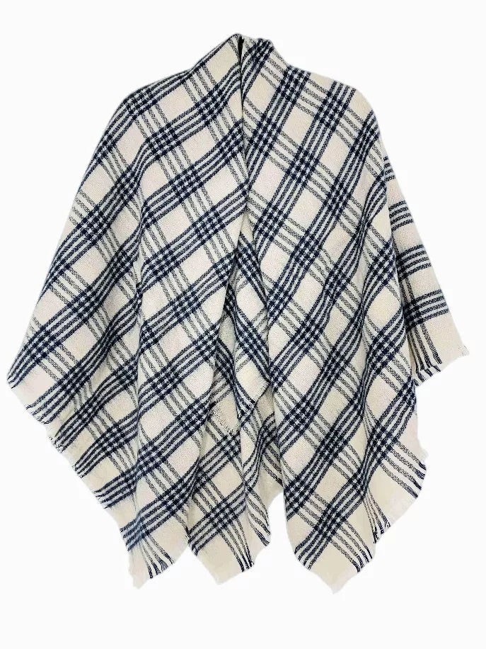 Blue plaid blanket scarf with fringed edges and draped square shape