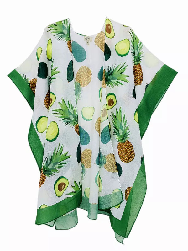 Green avocado and pineapple print kimono with wide batwing sleeves, open front