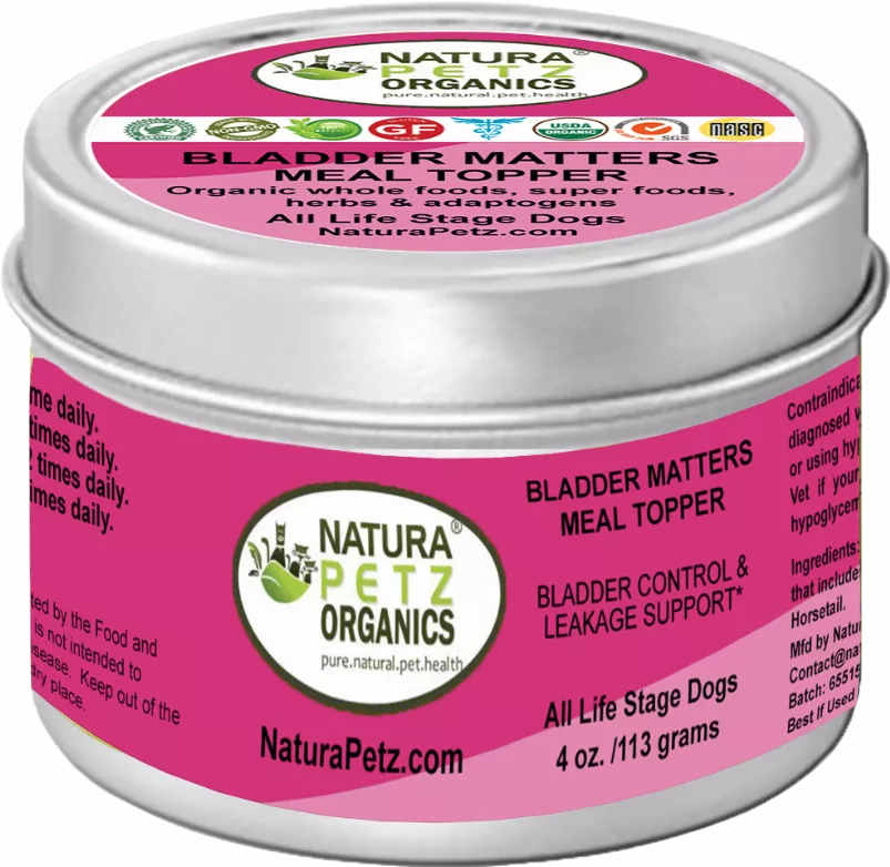 Natura Petz Organics Bladder Matters meal topper for dogs, 4 oz metal tin