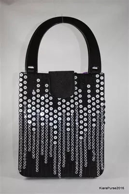 Mireya handbag with black beaded chain fringe and top handle, front flap detail