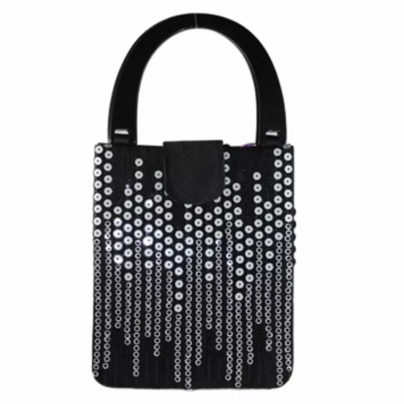 Handbag with black base and silver circular bead fringe, top handle and flap