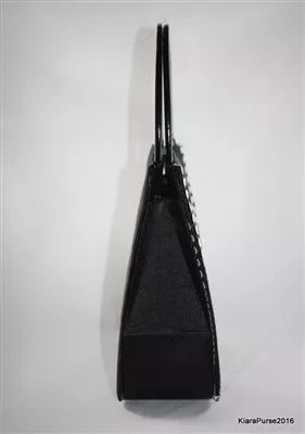 Black tote-style handbag with short top handles, side view
