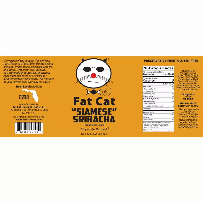 Sriracha chili garlic sauce bottle back label with ingredient and nutrition panel