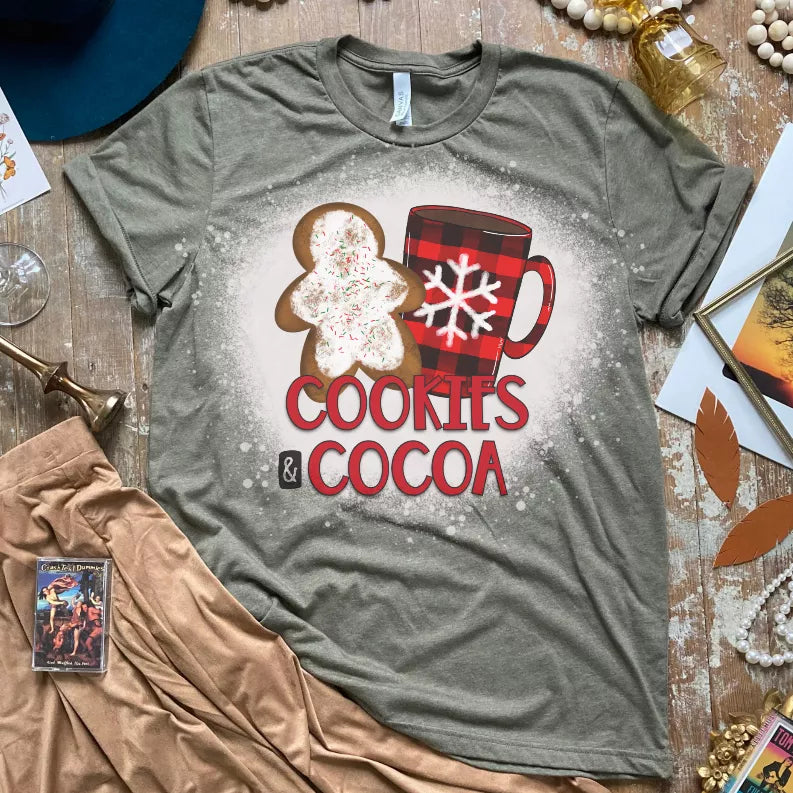 Olive short-sleeve graphic T-shirt with Cookies & Cocoa front print