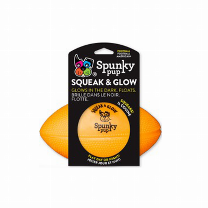 Squeak & Glow football toy in Spunky Pup package, orange football