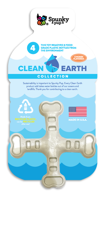 Beige crossbones dog toy made from recycled material on blue display card
