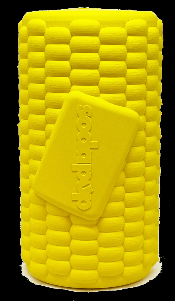 SodaPup corn on the cob treat dispenser, bright yellow with embossed logo