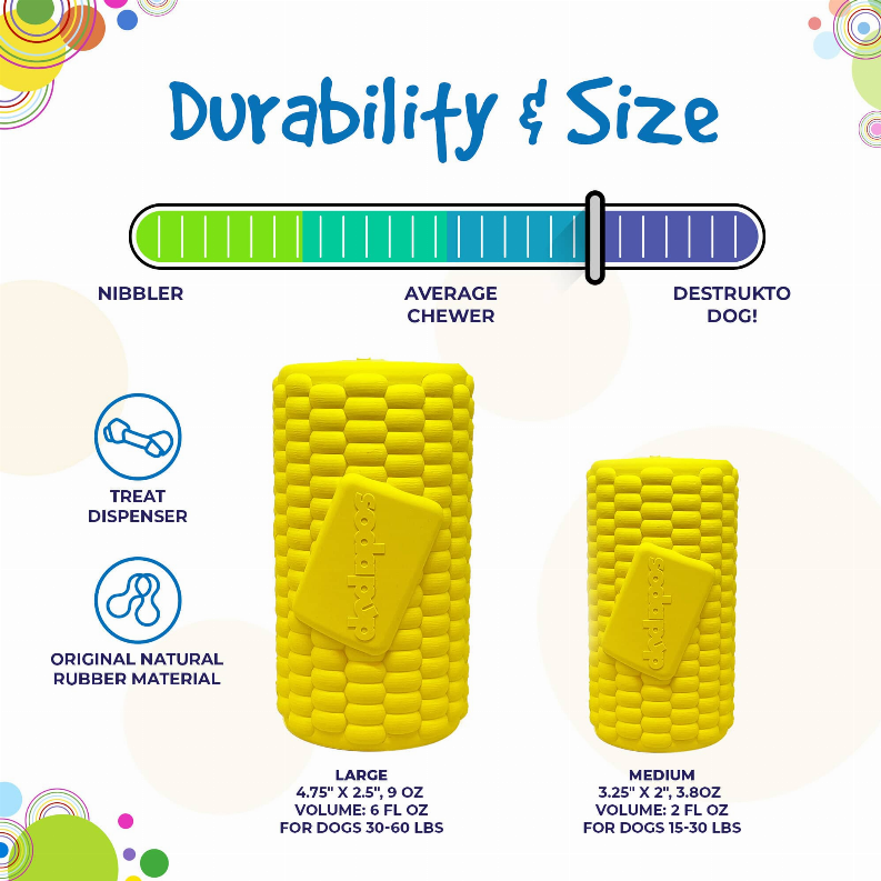 Yellow corn on the cob treat dispenser with nibble opening and textured cob pattern