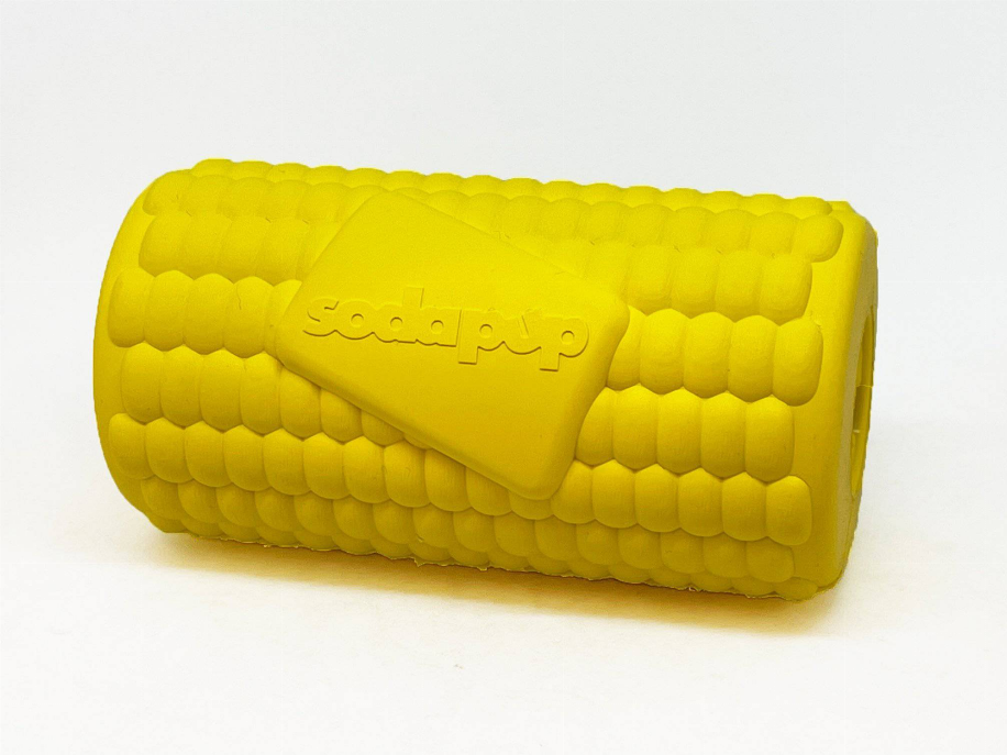 Yellow corn on the cob treat dispenser with embossed logo on side
