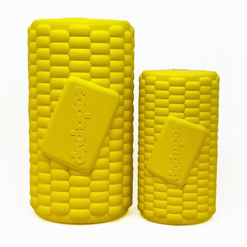 Set of two yellow corn on the cob treat dispensers, one large and one small