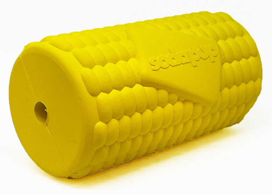 Yellow corn on the cob treat dispenser end with round treat opening