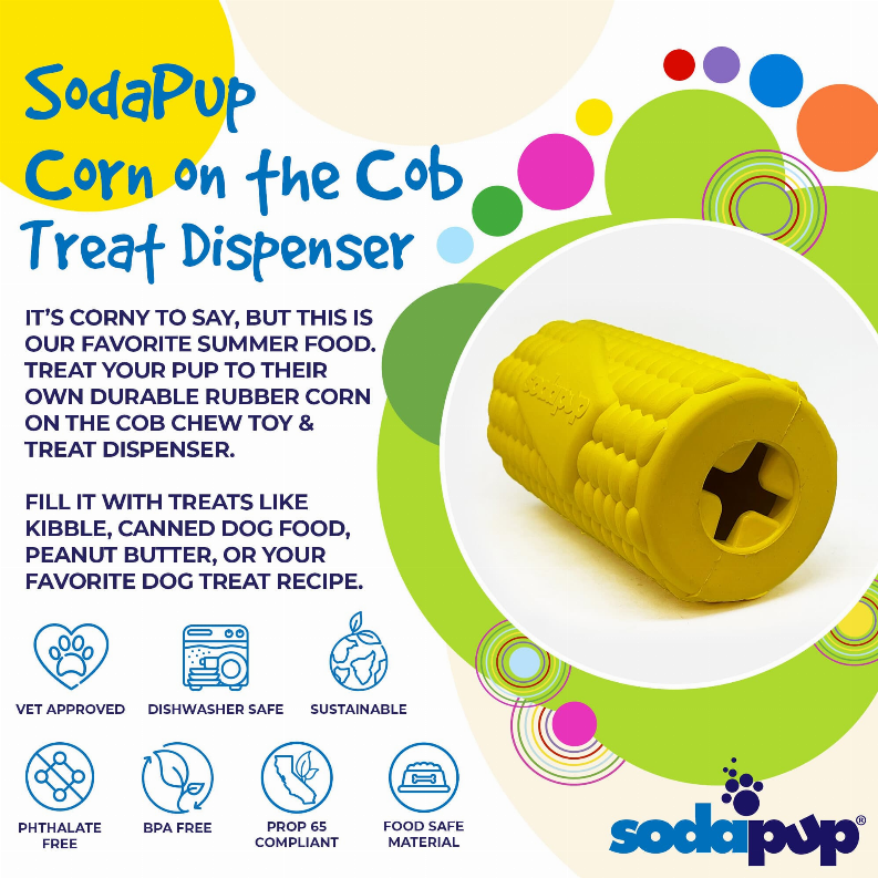 Yellow corn on the cob treat dispenser with circular end opening and cob texture