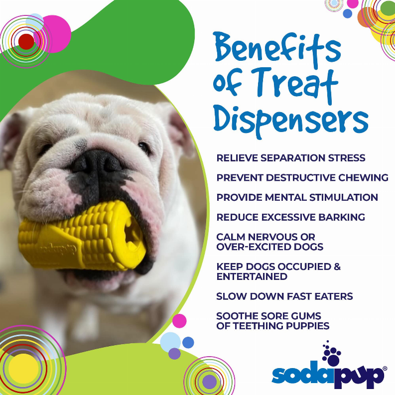 Corn on the cob treat dispenser held by a dog, yellow textured rubber with opening