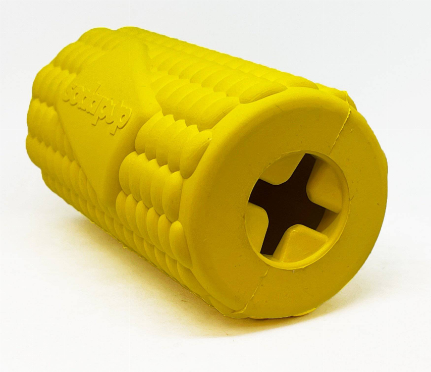 Yellow corn on the cob treat dispenser, angled view with circular treat opening