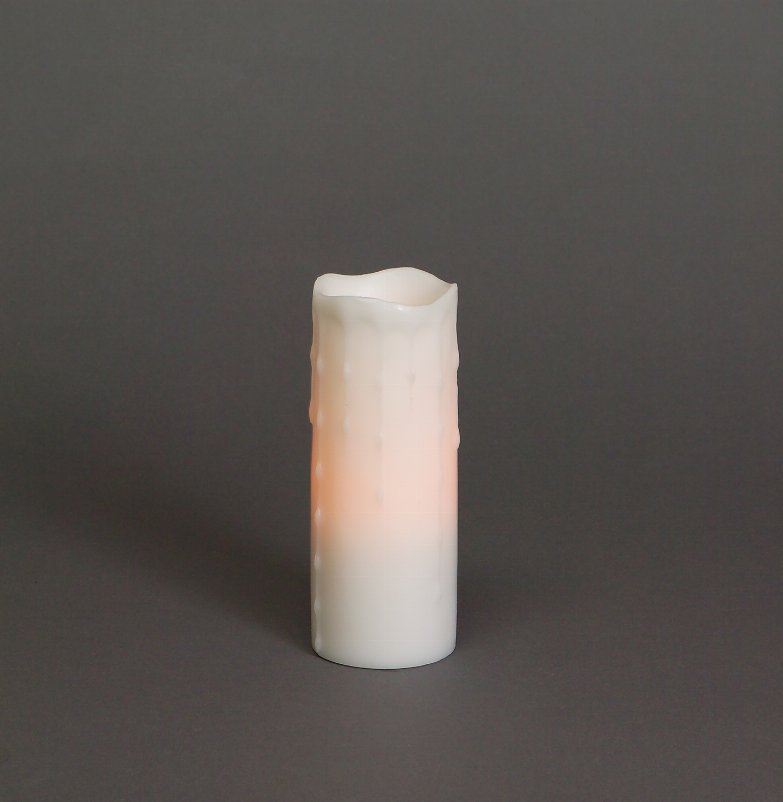LED dripping pillar candle, white wax-style finish, cylindrical with scalloped top
