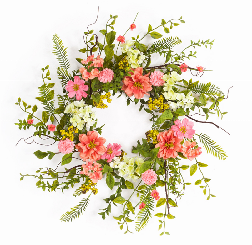 27-inch berry wreath with pink and cream flowers and green foliage