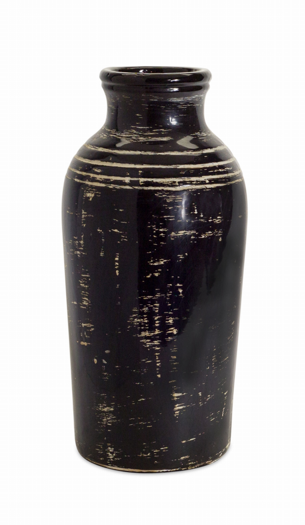 17.5-inch ceramic vase, dark black with gold speckled glaze and streaks