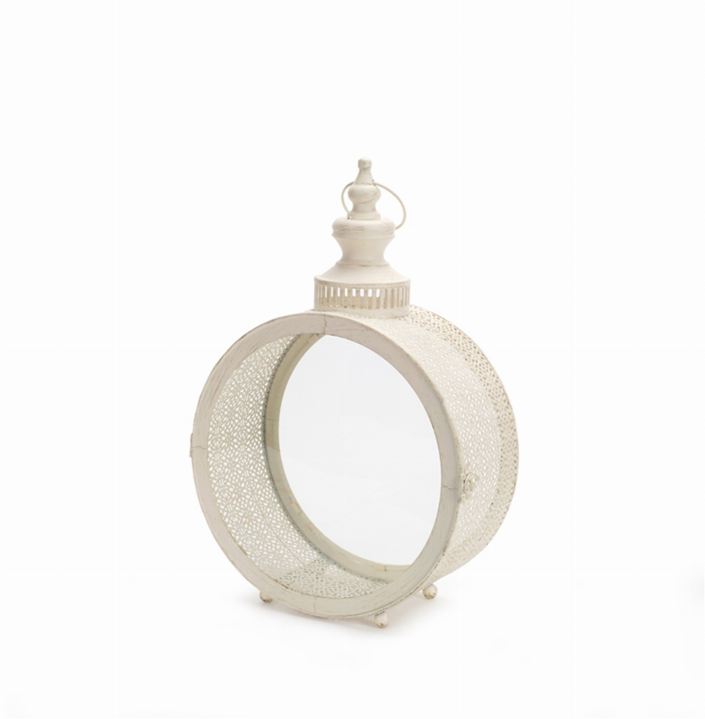 Distressed white metal and glass lantern with round frame and top finial, small feet