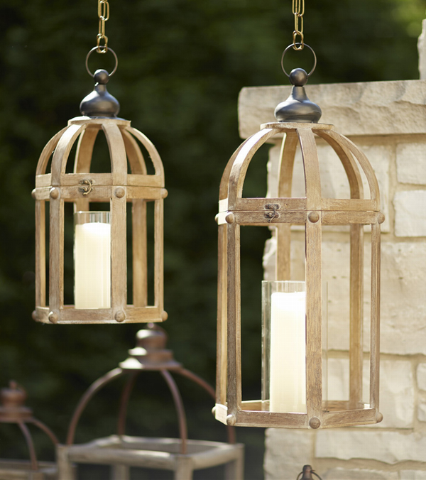 Set of 2 hanging wood, metal, and glass lanterns with arched glass panels