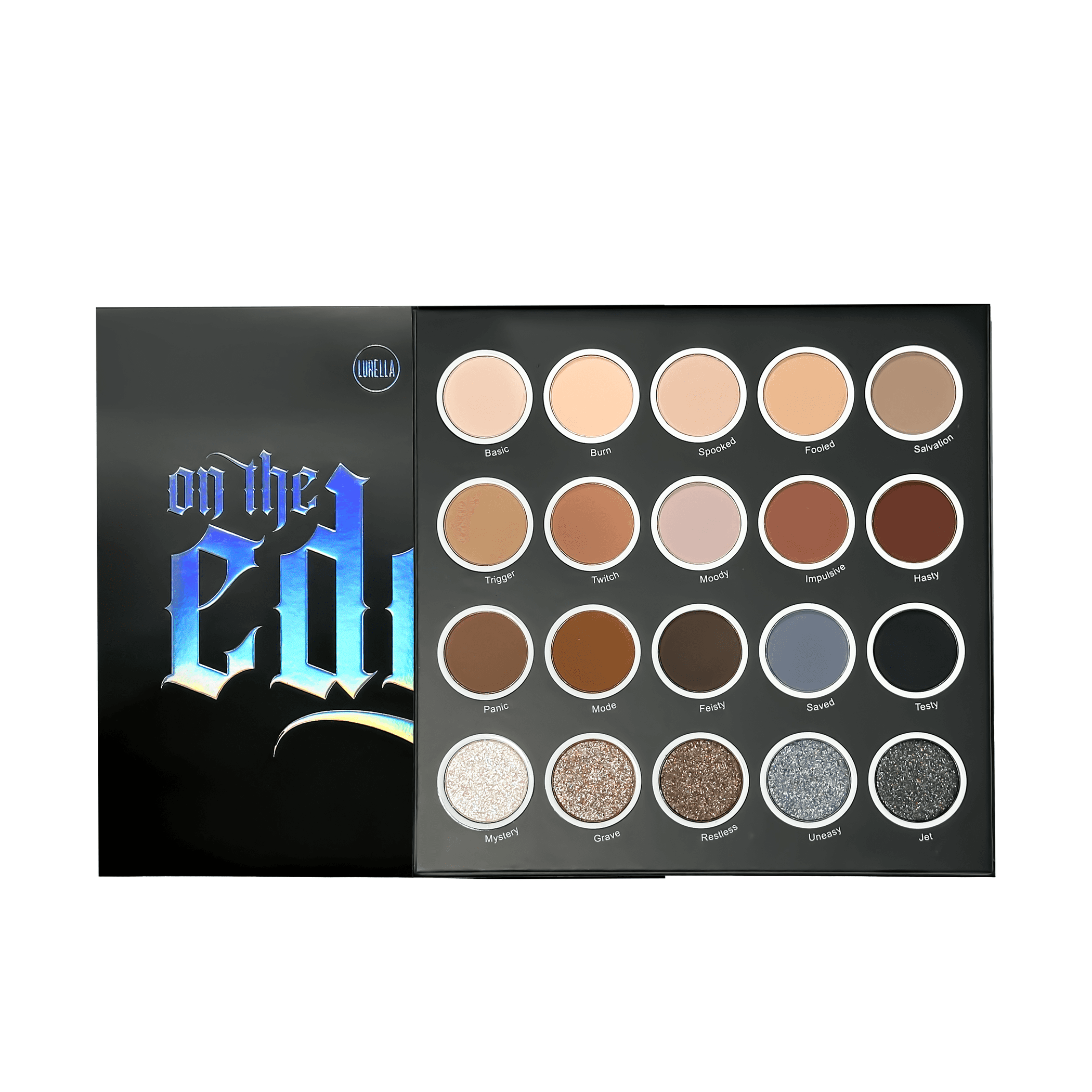 On the Edge Part 2 eyeshadow palette with labeled shade pans
