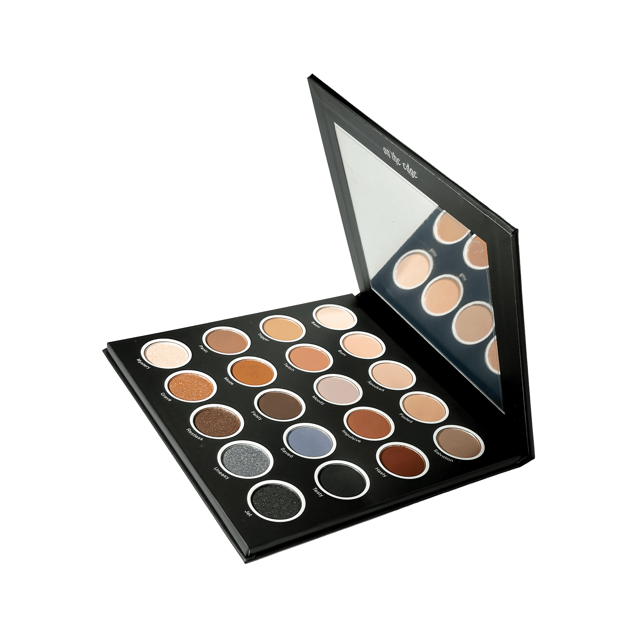 On the Edge Part 2 open eyeshadow palette with mirror and multiple shades